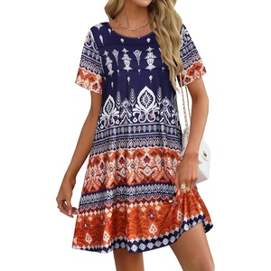image:imageelescat Sundress for Women Casual Loose Summer Short Sleeve Pleated Front Crew Neck T Shirt Dress with Pockets 2026Blue Orange Boho
