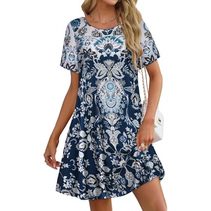 image:imageelescat Sundress for Women Casual Loose Summer Short Sleeve Pleated Front Crew Neck T Shirt Dress with Pockets 2026Blue White Boho