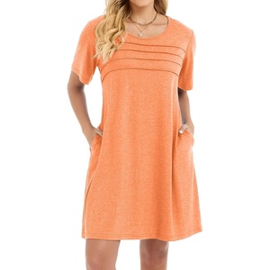 image:imageelescat Sundress for Women Casual Loose Summer Short Sleeve Pleated Front Crew Neck T Shirt Dress with Pockets 2026Coral Orange Pink