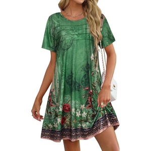 image:imageelescat Sundress for Women Casual Loose Summer Short Sleeve Pleated Front Crew Neck T Shirt Dress with Pockets 2026Green Flower