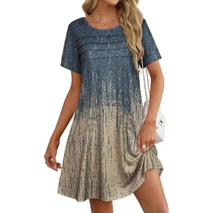 image:imageelescat Sundress for Women Casual Loose Summer Short Sleeve Pleated Front Crew Neck T Shirt Dress with Pockets 2026Grey Khaki Boho