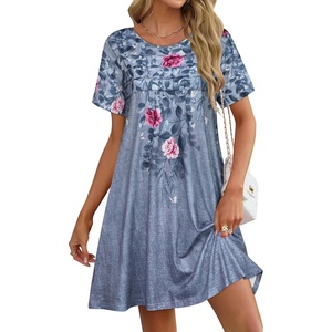 image:imageelescat Sundress for Women Casual Loose Summer Short Sleeve Pleated Front Crew Neck T Shirt Dress with Pockets 2026Greyish Blue Floral