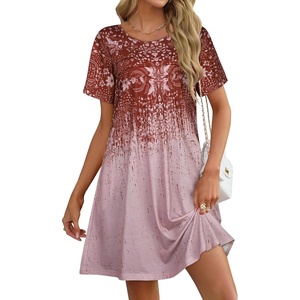 image:imageelescat Sundress for Women Casual Loose Summer Short Sleeve Pleated Front Crew Neck T Shirt Dress with Pockets 2026Red Boho