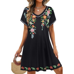 image:imageelescat Sundresses for Women 2026 Summer Casual Loose V Neck Short Sleeve Tshirt Dress with PocketsBlack Green Flower