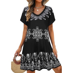 image:imageelescat Sundresses for Women 2026 Summer Casual Loose V Neck Short Sleeve Tshirt Dress with PocketsBlack Ice Floral