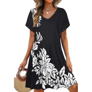 image:imageelescat Sundresses for Women 2026 Summer Casual Loose V Neck Short Sleeve Tshirt Dress with PocketsBlack White Floral