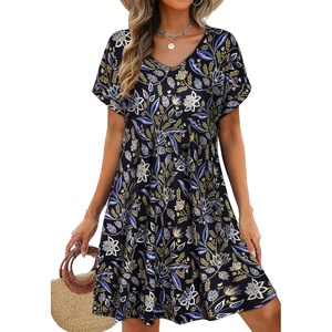 image:imageelescat Sundresses for Women 2026 Summer Casual Loose V Neck Short Sleeve Tshirt Dress with PocketsBlack Yellow Floral