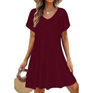 image:imageelescat Sundresses for Women 2026 Summer Casual Loose V Neck Short Sleeve Tshirt Dress with PocketsDeep Red