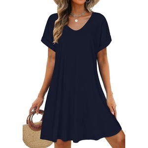 image:imageelescat Sundresses for Women 2026 Summer Casual Loose V Neck Short Sleeve Tshirt Dress with PocketsNavy Blue