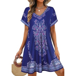 image:imageelescat Sundresses for Women 2026 Summer Casual Loose V Neck Short Sleeve Tshirt Dress with PocketsNavy Blue Boho