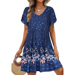 image:imageelescat Sundresses for Women 2026 Summer Casual Loose V Neck Short Sleeve Tshirt Dress with PocketsNavy Blue Floral