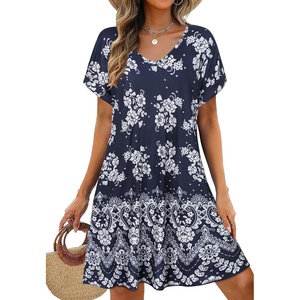 image:imageelescat Sundresses for Women 2026 Summer Casual Loose V Neck Short Sleeve Tshirt Dress with PocketsNavy Blue White Floral