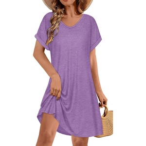 image:imageelescat Sundresses for Women 2026 Summer Casual Loose V Neck Short Sleeve Tshirt Dress with PocketsPurple