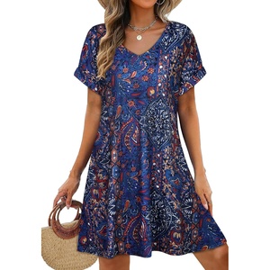 image:imageelescat Sundresses for Women 2026 Summer Casual Loose V Neck Short Sleeve Tshirt Dress with PocketsPurple Blue Bohemia