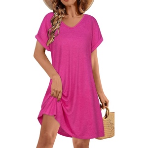 image:imageelescat Sundresses for Women 2026 Summer Casual Loose V Neck Short Sleeve Tshirt Dress with PocketsRose