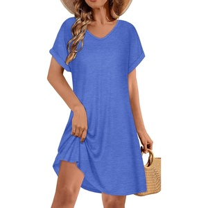 image:imageelescat Sundresses for Women 2026 Summer Casual Loose V Neck Short Sleeve Tshirt Dress with PocketsRoyal Blue