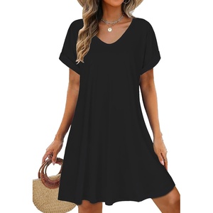image:imageelescat Sundresses for Women 2026 Summer Casual Loose V Neck Short Sleeve Tshirt Dress with PocketsSolid Black