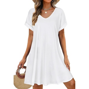 image:imageelescat Sundresses for Women 2026 Summer Casual Loose V Neck Short Sleeve Tshirt Dress with PocketsSolid White