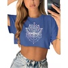 image:imageCrop Tops for Women Casual Short Sleeve T Shirts Summer Basic Top Crew Neck Oversized Cropped Tees 2026Deep Blue Pink Lotus