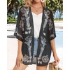 image:imageWomens Floral Print Puff Sleeve Kimono Cardigan Loose Cover Up Casual Blouse Tops 2026Black
