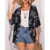 image:imageWomens Floral Print Puff Sleeve Kimono Cardigan Loose Cover Up Casual Blouse Tops 2026Black Gray Leaves