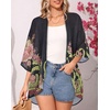 image:imageWomens Floral Print Puff Sleeve Kimono Cardigan Loose Cover Up Casual Blouse Tops 2026Black Matcha Green Print