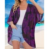 image:imageWomens Floral Print Puff Sleeve Kimono Cardigan Loose Cover Up Casual Blouse Tops 2026Black Purple Leaves