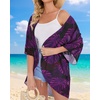 image:imageWomens Floral Print Puff Sleeve Kimono Cardigan Loose Cover Up Casual Blouse Tops 2026Black Purple Leaves