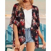image:imageWomens Floral Print Puff Sleeve Kimono Cardigan Loose Cover Up Casual Blouse Tops 2026Black Red Rose