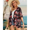 image:imageWomens Floral Print Puff Sleeve Kimono Cardigan Loose Cover Up Casual Blouse Tops 2026Black Red Rose