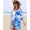 image:imageWomens Floral Print Puff Sleeve Kimono Cardigan Loose Cover Up Casual Blouse Tops 2026Blue White Ink Flower