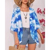 image:imageWomens Floral Print Puff Sleeve Kimono Cardigan Loose Cover Up Casual Blouse Tops 2026Blue White Ink Flower
