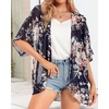 image:imageWomens Floral Print Puff Sleeve Kimono Cardigan Loose Cover Up Casual Blouse Tops 2026Navy Blove