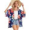 image:imageWomens Floral Print Puff Sleeve Kimono Cardigan Loose Cover Up Casual Blouse Tops 2026Oil Ink Blue