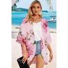image:imageWomens Floral Print Puff Sleeve Kimono Cardigan Loose Cover Up Casual Blouse Tops 2026Pink Flower