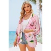 image:imageWomens Floral Print Puff Sleeve Kimono Cardigan Loose Cover Up Casual Blouse Tops 2026Pink Flower