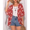 image:imageWomens Floral Print Puff Sleeve Kimono Cardigan Loose Cover Up Casual Blouse Tops 2026Red White Leaves