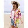 image:imageWomens Floral Print Puff Sleeve Kimono Cardigan Loose Cover Up Casual Blouse Tops 2026Yellow Pink Abstract Print