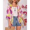 image:imageWomens Floral Print Puff Sleeve Kimono Cardigan Loose Cover Up Casual Blouse Tops 2026Yellow Pink Abstract Print