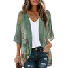 image:imageWomens Floral Print Puff Sleeve Kimono Cardigan Loose Cover Up Casual Blouse Tops 2026Army Green Floral
