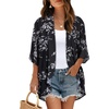 image:imageWomens Floral Print Puff Sleeve Kimono Cardigan Loose Cover Up Casual Blouse Tops 2026Black Gray Leaves
