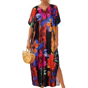 image:imageCHICGAL Kaftan Dresses for Women Oversized Long Batwing Sleeve Caftan V Neck Beach Cover Ups Summer Maxi Dress 2026Orange Red Flowers