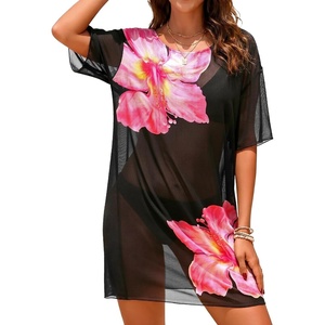 image:imageCHICGAL Swimsuit Coverup for Women Mesh Summer Beach Dresses Sheer Bathing Suit Cover Up Short Sleeve Beachwear 2026Pink Flower