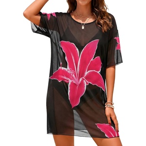image:imageCHICGAL Swimsuit Coverup for Women Mesh Summer Beach Dresses Sheer Bathing Suit Cover Up Short Sleeve Beachwear 2026Rose Red Flower