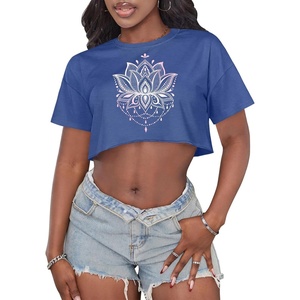 image:imageCrop Tops for Women Casual Short Sleeve T Shirts Summer Basic Top Crew Neck Oversized Cropped Tees 2026Deep Blue Pink Lotus