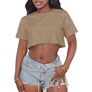 image:imageCrop Tops for Women Casual Short Sleeve T Shirts Summer Basic Top Crew Neck Oversized Cropped Tees 2026Solid Khaki