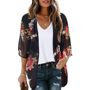 image:imageWomens Floral Print Puff Sleeve Kimono Cardigan Loose Cover Up Casual Blouse Tops 2026A Black Floral