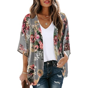 image:imageWomens Floral Print Puff Sleeve Kimono Cardigan Loose Cover Up Casual Blouse Tops 2026Aa Dark Grey
