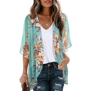 image:imageWomens Floral Print Puff Sleeve Kimono Cardigan Loose Cover Up Casual Blouse Tops 2026Aqua Blue