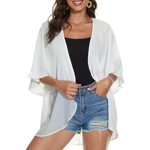 image:imageWomens Floral Print Puff Sleeve Kimono Cardigan Loose Cover Up Casual Blouse Tops 2026B Solid White